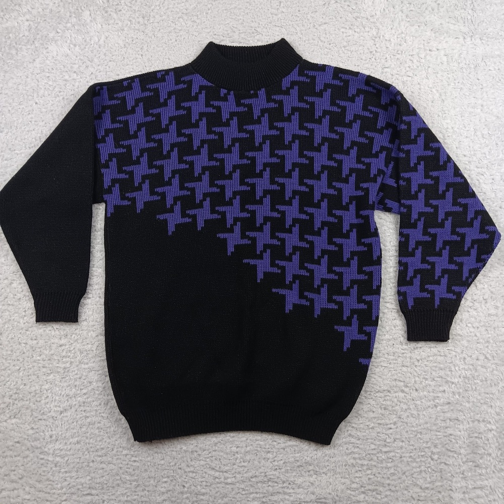 VTG Germaine Astor Sweater Women S Black Purple Houndstooth Mock Neck Pullover
